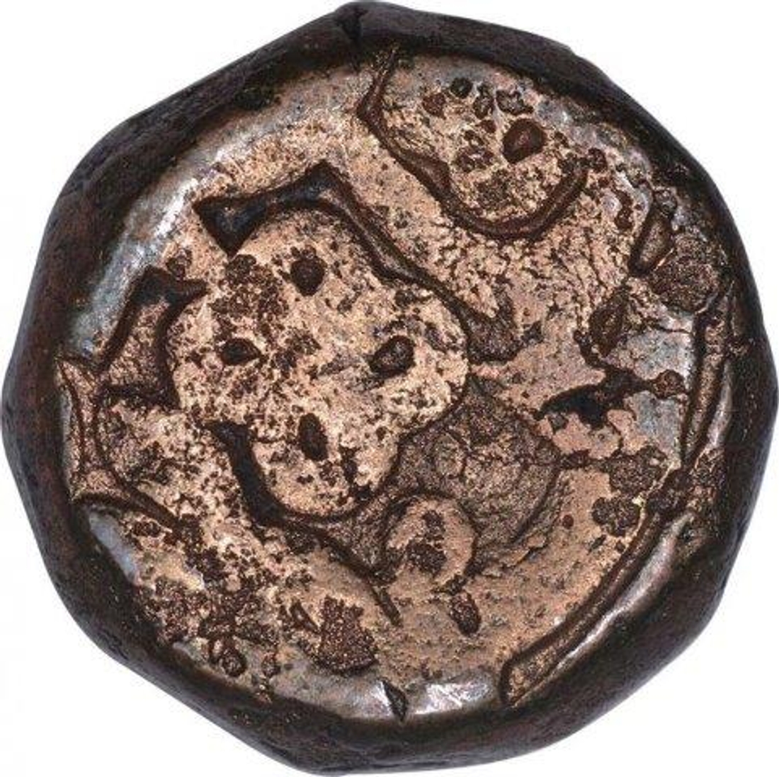 Copper Dam Coin of Akbar of Chittor Mint of Fi Tarikh Type.