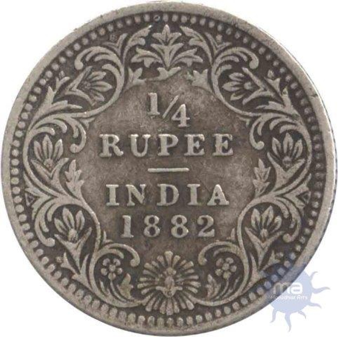 Silver One Fourth Rupee Coin of Victoria Empress of 1882.