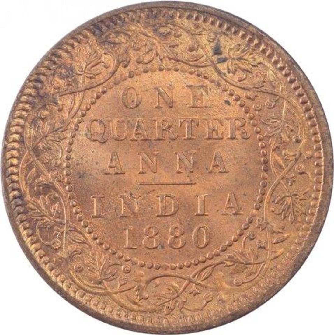 Copper Quarter Anna Coin of Victoria Empress of Calcutta Mint of 1880.