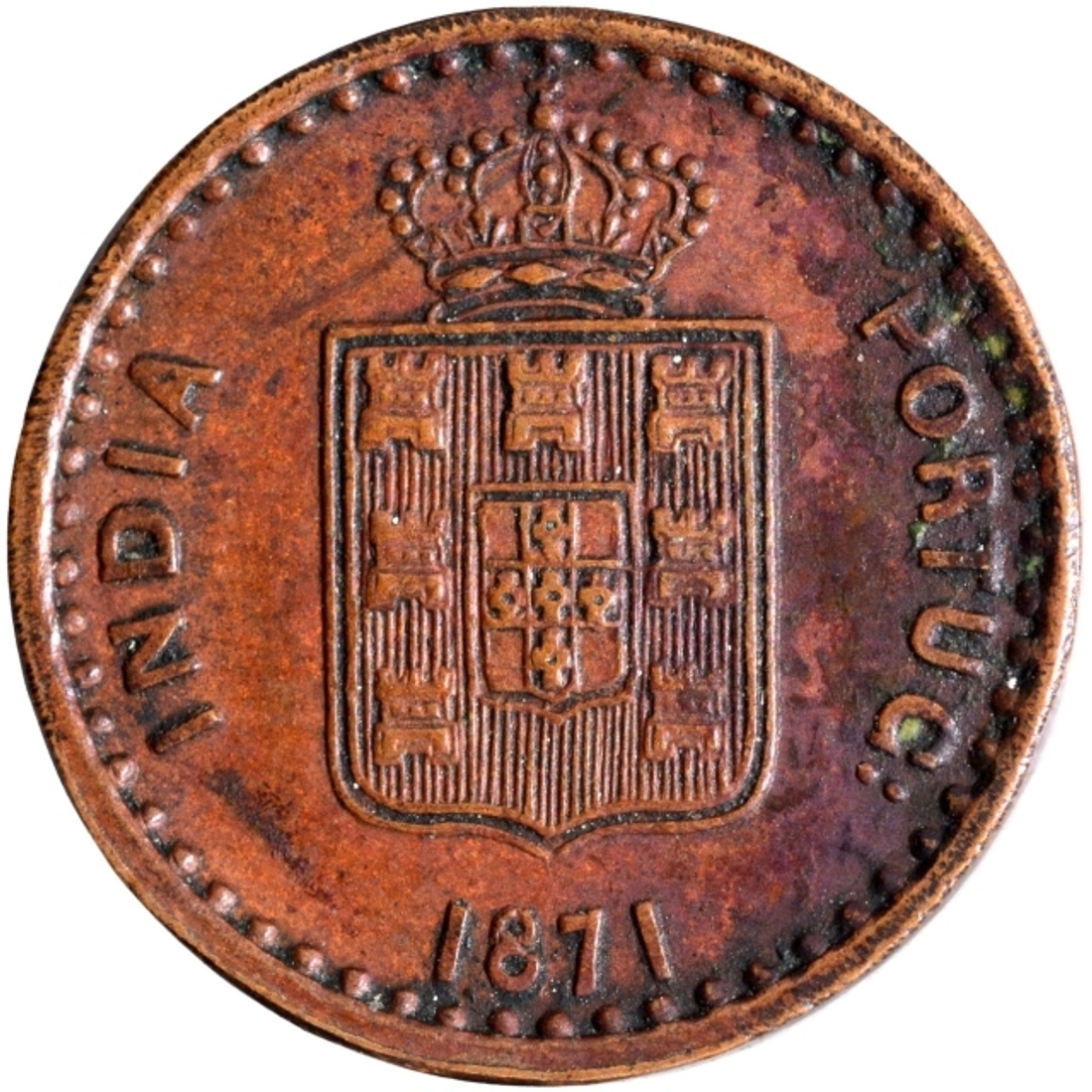 Copper Three Reis Coin of Luiz I of Colonial Coinage of Indo Portuguese.