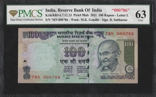 Graded by PMCS Hundred Rupees Bank Note of 2011 Signed by D. Subbarao of Republic India.