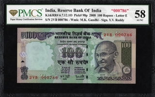 PMCS Graded Hundred Rupees Bank Note of 2008 Signed by Y. V. Reddy of Republic India.