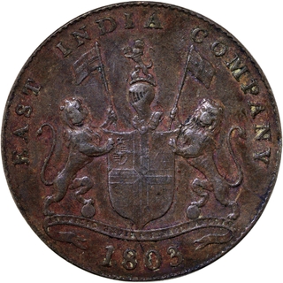 Madras Presidency Soho Mint Copper Twenty Cash 1803 AD Inverted Die Axis Coin.