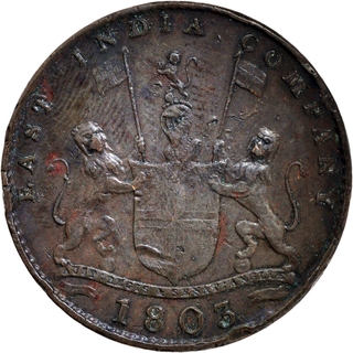 Madras Presidency Soho Mint Copper Ten Cash 1803 AD Inverted Die Axis Coin. 