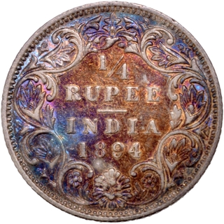 Scarce B Incused Silver Quarter Rupee Coin of Victoria Empress of Bombay Mint of 1894.