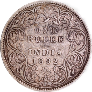 B Raised Silver One Rupee Coin of Victoria Empress of Bombay Mint of 1892.