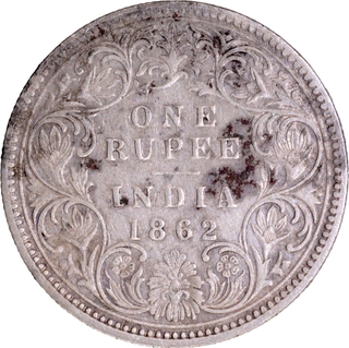 1864 (Actul Minitng year) Silver One Rupee Coin of Victoria Queen of Calcutta Mint of 1862 with initial J.