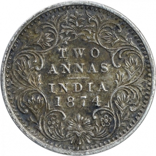 Silver Two Annas Coin of Victoria Queen of Bombay Mint of 1874.