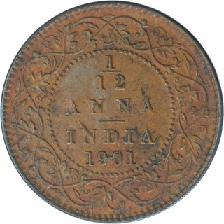 Copper One Twelfth Anna Coin of Victoria Empress of Calcutta Mint of 1901.