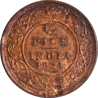 Uncirculated Bronze Half Pice Coin of King George V of Calcutta Mint of 1924.