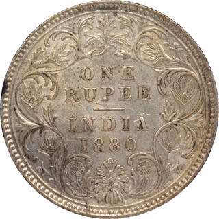 Uncirculated Silver One Rupee Coin of Victoria Empress of Calcutta Mint of 1880.