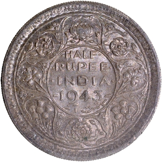 L Raised Silver Half Rupee Coin of King George VI of Lahore Mint of 1943.