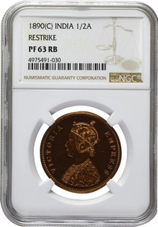 Extremely Rare NGC PF 63 RB Graded Superb Proof Copper Half Anna Coin of Victoria Empress of Bombay Mint of 1890.