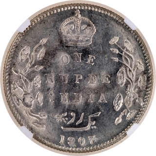 Rare NGC MS 62 Graded Silver One Rupee Coin of King Edward VII of Bombay Mint of 1907.