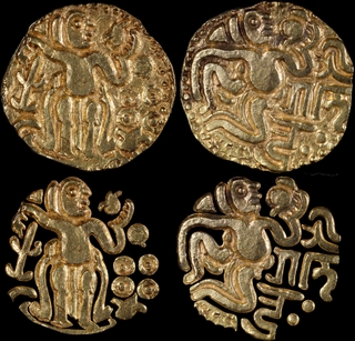 Exceedingly Rare Gold Kahavanu Coin of  Rajendra Chola of Chola Empire with Nagari legend Sri Rajendra.