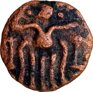 Extremely Rare Copper Kasu Coin of Venad Cheras of Tirunelveli Region with Tamil letter Che, Spider, Crocodile and fishes on reverse
