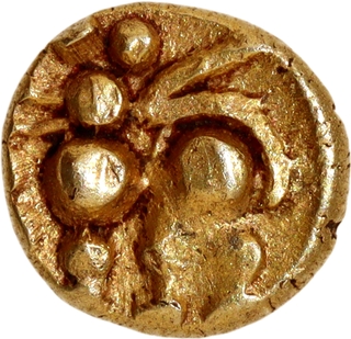 Gold Fanam Coin of Chalukyas of Kalyana with Lion and temple symbol.
