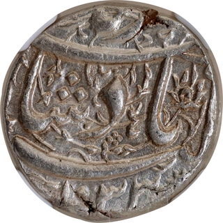 NGC Grade as AU 58 Jahangir Silver One Rupee Coin of Surat Mint of AH 1033 and 18 RY of Di Month.