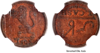 Extremely Rare 1803 Madras Presidency Copper Proof Cash Coin of East India Company of Soho Mint graded by NGC PF 63 BN.