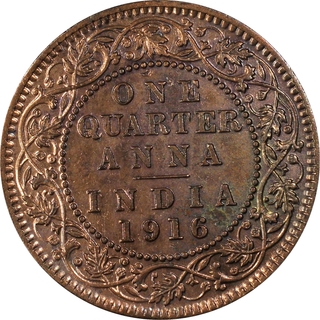 Very Rare PCGS AU Graded Bronze One Quarter Anna Coin of King George V of Calcutta Mint of 1916.