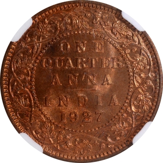 Rare NGC MS 66 RD Graded Bronze One Quarter Anna Coin of King George V of Bombay Mint of 1927.