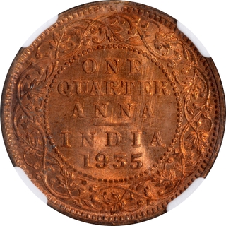 Rare NGC MS 65 RD Graded Bronze One Quarter Anna Coin of King George V of Calcutta Mint of 1935.