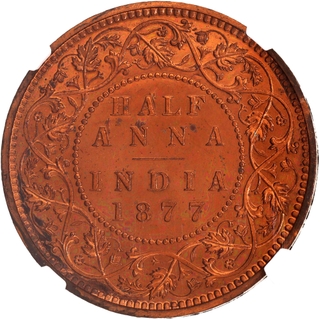 Extremely Rare NGC PF 63 RD Graded Copper Half Anna Proof Coin of Victoria Empress of Bombay Mint of 1877.