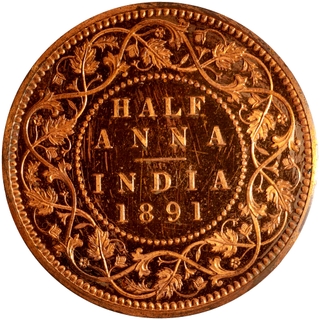 Extremely Rare NGC PF 63 RD Graded Copper Half Anna Proof Coin of Victoria Empress of Bombay Mint of 1891.