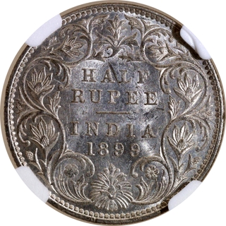 Rare NGC MS 62 Graded Silver Half Rupee Coin of Victoria Empress of Bombay Mint of 1899.