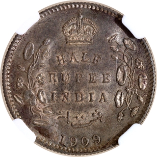 Rare NGC AU Graded Silver Half Rupee Coin of King Edward VII of Calcutta Mint of 1909.