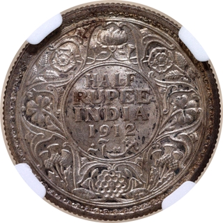 Rare NGC AU 58 Graded Silver Half Rupee Coin of King George V of Calcutta Mint of 1912.