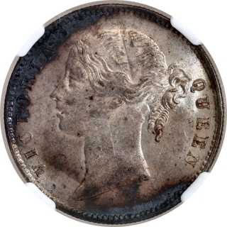 Extremely Rare NGC UNC Graded Silver One Rupee Coin of Victoria Queen Divided Legend of Calcutta Mint of 1840.