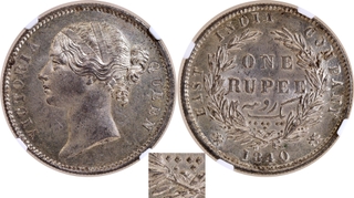 Very Rare NGC MS 63 Graded Unlisted Silver One Rupee Coin of Victoria Queen Divided Legend of Calcutta/Bombay Mint of 1840.