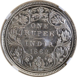 Very Rare NGC MS 63 Graded Silver One Rupee Coin of Victoria Queen of Madras Mint of 1862.