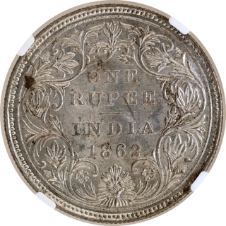 Extremely Rare NGC MS 64 Graded Silver One Rupee Coin of Victoria Queen of Madras Mint of 1862.