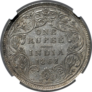 Very Rare NGC XF 45 Graded Silver One Rupee Five Panels Coin of Victoria Queen of Bombay Mint of 1862 with 4 Pineapples.