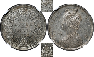 Extremely Rare NGC MS 61 Graded Silver One Rupee Coin of Victoria Queen of Bombay Mint of 1862 of B/II/2/3 Dots.
