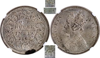 Rare NGC MS 62 Graded Silver One Rupee Inverted 1 Type Coin of Victoria Queen of Bombay Mint of 1862 of A/II/0/4 Dots.