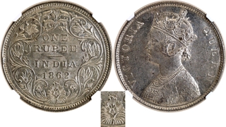 Extremely Rare NGC MS 61 Graded Silver One Rupee Doubled Die Reverse Coin of Bombay Mint of Victoria Queen of 1862 of B/II/0/4 Dots.