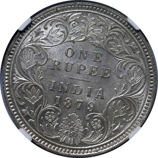 Very Rare NGC MS 62 Graded Silver One Rupee Coin of Victoria Empress of Bombay Mint of 1879.