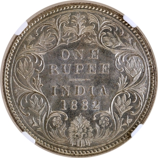 Rare NGC MS 62 Graded Silver One Rupee Coin of Victoria Empress of Bombay Mint of 1882.