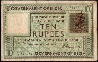 Rare Ten Rupees Banknote of King George V of 1925 Signed by H Denning British India.