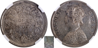 Unlisted Extremely Rare NGC AU Graded Silver One Rupee Coin of Victoria Queen of Bombay Mint of 1862.