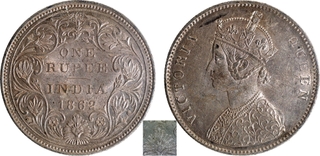 Scarce NGC MS 60 Graded Silver One Rupee Coin of Victoria Queen of Bombay Mint of 1862.