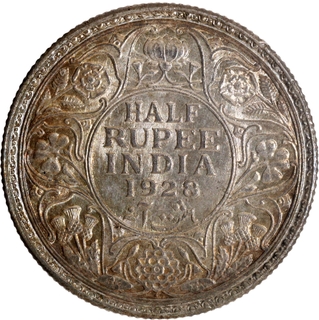 Rare NGC MS 61 Graded Silver Half Rupee Coin of King George V of Bombay Mint of 1928.