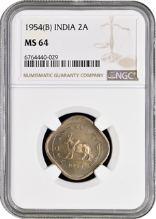 NGC Graded MS 64 Two Annas Coin of Bombay Mint 1954 of Republic India.