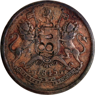 Very Rare Counter Marked Copper Half Anna Coin of East India Company of Calcutta Mint of 1845.