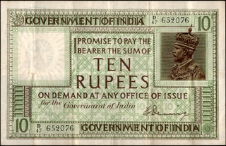 Ten Rupees Banknote of King George V of 1925 Signed by H Denning of British India.