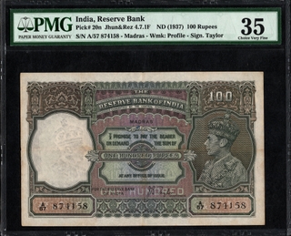 PMG 35 Graded Madras Circle Hundred Rupees Banknote of King George VI of British India Signed by J B Taylor of 1938.