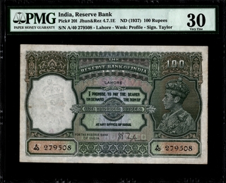 PMG Graded King George VI British India Hundred Rupees Bank note of Lahore Circle Signed by J. B. Taylor of 1938.